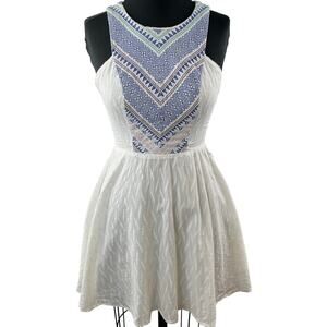 Flying Tomato White Blue Embroidered Chevron Bib Dress Fit Flare Size S Small